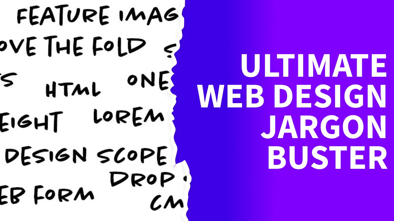 Featured image for an article titled ultimate web design jargon buster. The image conains the title on a gradiant background
